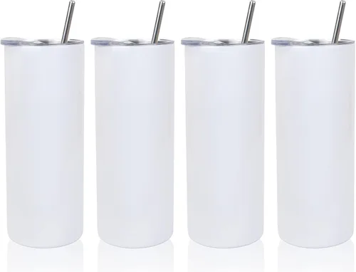 Vaso delgado de sublimación de 20 oz de triple pared | Paquete de 4 vasos delgados aislados al vacío de triple pared blanco de 20 onzas para