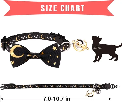 Miniatura 6 de 2 collares de gato con pajarita y campana, luna dorada y estrella brillante en la oscuridad para gatito (negro y rosa)