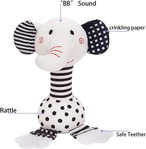 Miniatura 3 de D-KINGCHY Juguetes para bebés de 0 a 12 meses, juguetes para recién nacidos en blanco y negro, juguete de peluche suave con mordedor y sonido