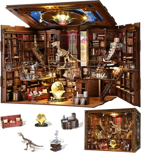 Miniatura 17 de CCCDF - Kit de manualidades para rincón de lectura de biblioteca, kit de casa de muñecas en miniatura, rompecabezas de madera 3D con luces LED
