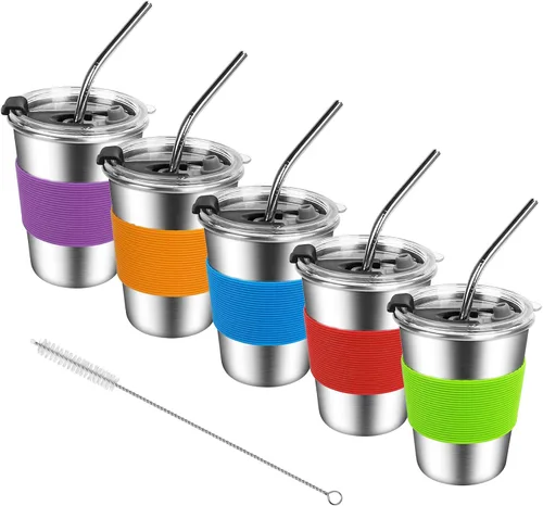 ShineMe Vasos de acero inoxidable para niños, vasos de metal con tapas, pajitas y mangas de acero inoxidable, vaso de agua reutilizable de 12 onzas