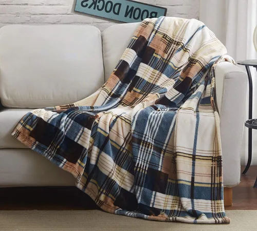Miniatura 5 de Tache Home Fashion - Manta de micro polar super suave para invierno, diseño tartán a cuadros, azul y marrón, estilo granja, ligera, de doble cara