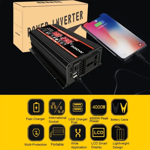 Miniatura 6 de Inversor de corriente de onda sinusoidal pura de 300 W, inversores de corriente de 12 V a 110 V/220 V para vehículos, adaptador de convertidor