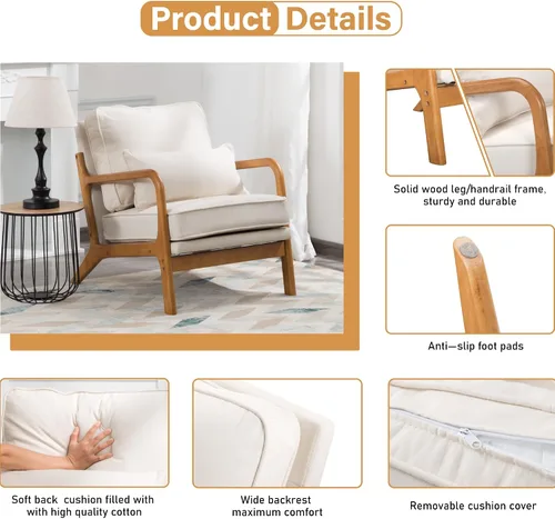 Miniatura 3 de Silla decorativa con cojín, moderno sillón tapizado de mediados de siglo, sofá de lectura individual, respaldo alto con tela de lino + marco