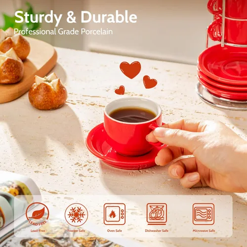 Miniatura 2 de SWEESE - Tazas de porcelana apilables, de 8 onzas, con platillos y soporte de metal, para bebidas especializadas del café, capuchino, latte, Rojo