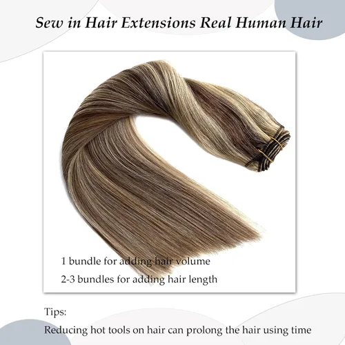 Miniatura 5 de Extensiones de cabello humano real, balayage, color castaño ceniza a rubio miel, extensiones de cabello humano con reflejos, 14 pulgadas, 2.82 oz