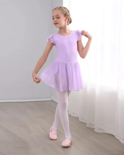 Miniatura 5 de Stelle Leotardos de ballet para niñas, leotardo de baile con falda, traje de ballet rosa, manga con volantes, vestido de baile para niños
