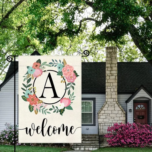 Miniatura 2 de Bandera de jardín con letra monograma, floral, 12 x 18 pulgadas, doble cara para exterior, pequeña de arpillera, familia, apellido, bandera inicial