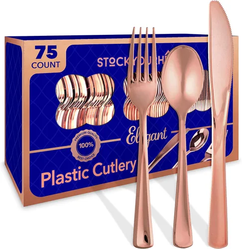 Miniatura 19 de Juego de cubiertos de plástico resistente (dorado) de 75 piezas, juego de cubiertos desechables, ideal para fiestas, bodas y catering, cubiertos
