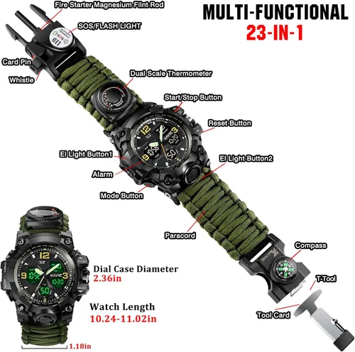 Miniatura 3 de Reloj militar digital de supervivencia 23 en 1, reloj táctico multifuncional y con correa ajustable para hombre, resistente al agua, para verde