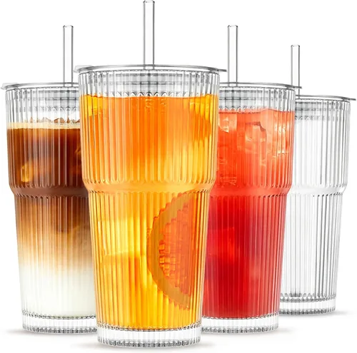 INSETLAN Vasos de vidrio acanalado de 20 onzas con tapas y popotes de vidrio, juego de 4 piezas de cristalería, pared gruesa, ideal para café