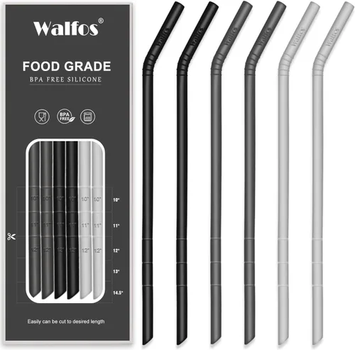 Walfos Pajitas de silicona reutilizables, de 10.5 pulgadas, flexibles, flexibles, para batidos, vasos de 20 y 30 onzas, sin BPA (6 piezas de ancho +
