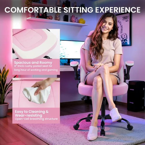 Miniatura 5 de Silla ergonómica de escritorio para juegos, silla giratoria ajustable de piel sintética con reposabrazos abatibles para oficina en casa
