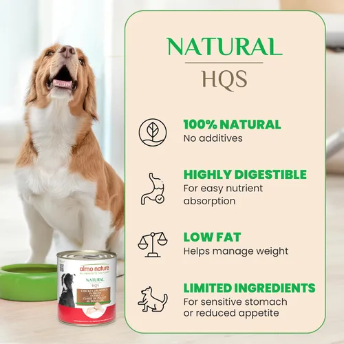 Miniatura 3 de almo nature HQS - Muslo de pollo natural en caldo, sin gluten, sin aditivos, comida húmeda enlatada para perros adultos, triturada, 12 x 280 g/9.87