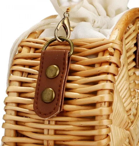 Miniatura 6 de Bolso de playa para mujer, bolso de mimbre rectangular tejido a mano, bolso de mimbre con perlas, bolso retro de paja de verano
