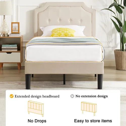 Miniatura 8 de VECELO Base de cama de plataforma de tamaño individual con cabecera tapizada de tela y soporte de listones de madera, no necesita somier/fácil Beige