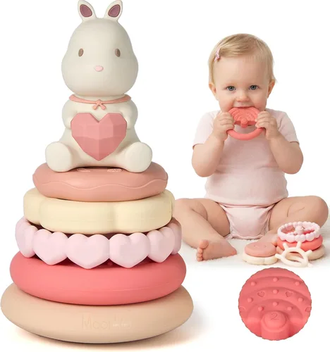 Juguetes de apilar de Moonkie con forma de conejito para bebé | Anillos de silicona de 7 piezas para alivio de la dentición | Juguete educativo para
