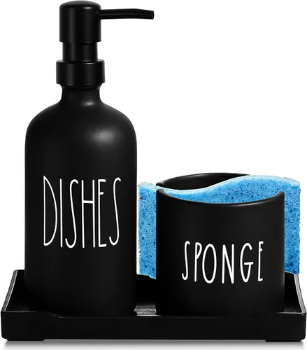 Dispensador de jabón para platos para cocina, dispensador de jabón de platos de vidrio con soporte para esponja, juego de dispensador negro con