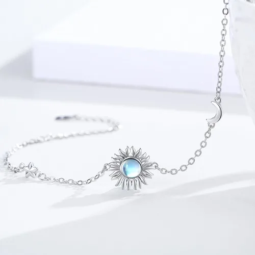Miniatura 2 de CUOKA MIRACLE Pulseras de sol de piedra lunar, pulsera de plata de ley 925 de 7 pulgadas + 2 pulgadas, pulsera de cadena de eslabones ajustables