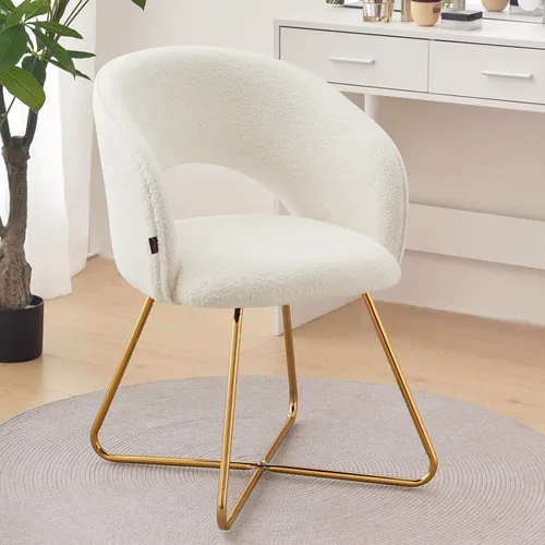 Miniatura 12 de Furniliving Silla de tocador beige, silla de terciopelo para sala de estar, sillas de concha con patas de madera, silla de maquillaje