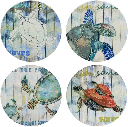 Juego de 4 posavasos absorbentes – Posavasos de tortuga marina con temática oceánica para bebidas con colores vibrantes y respaldo de corcho