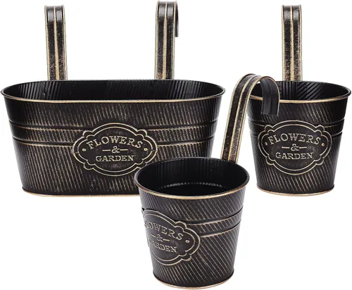 Miniatura 8 de PerGar Paquete de 3 macetas de metal para exteriores, macetas colgantes de 10.6 pulgadas con ganchos desmontables y agujeros de drenaje, jardineras