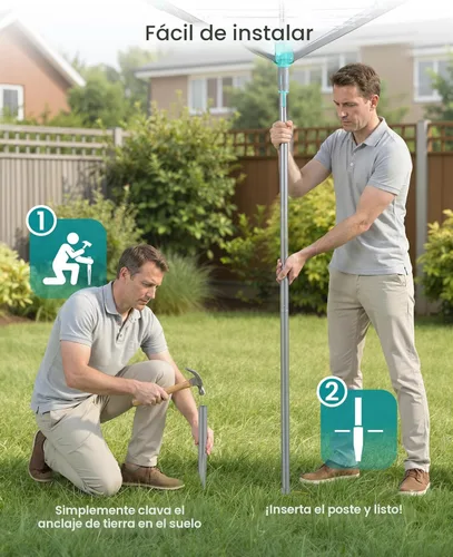 Miniatura 5 de SONGMICS Tendedero para paraguas, línea de lavado giratoria, plegable, resistente con clips, cubierta, anclaje al suelo, 164 pies (164.0 ft)