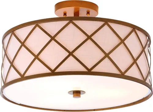 Miniatura 8 de JONATHAN Y Lámpara de techo LED de metal dorado de 13.25 pulgadas, lámpara de tambor de celosía moderna con pantalla de lino blanco, 2 luces