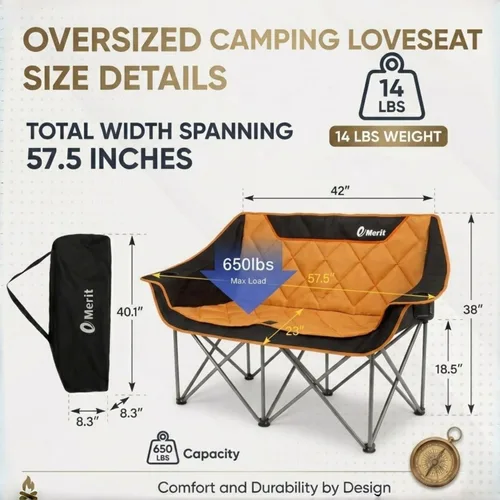 Miniatura 3 de EMERIT Silla de camping doble de gran tamaño, plegable, sofá de dos plazas para 2 personas, sillas de césped resistentes para exteriores con Naranja