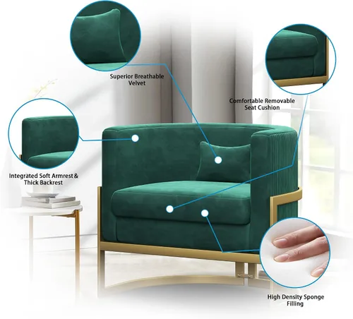 Miniatura 7 de Alunaune Silla moderna para sala de estar, sillón de terciopelo con diseño de barril de terciopelo, sillón tapizado, bañera de mediados de siglo