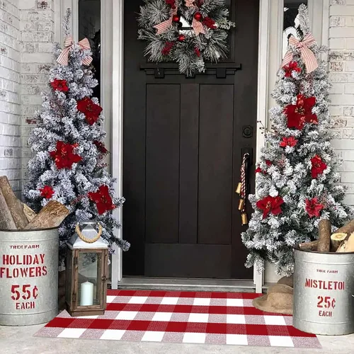 Miniatura 29 de Alfombra de Navidad a cuadros para exteriores, 2 x 4 pies 3 pulgadas, rojo y negro, alfombra de área para interiores y exteriores, alfombra de capas