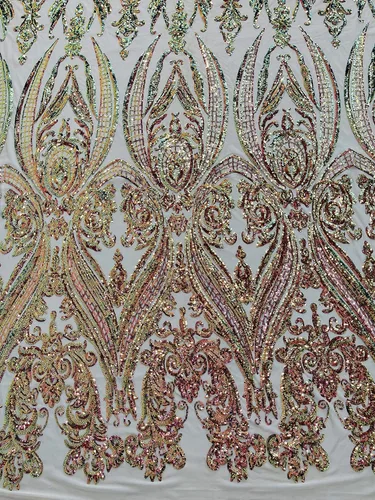 Miniatura 20 de Telón de fondo King INC Empire Damask Design con lentejuelas bordadas en una tela de malla elástica de 4 vías (amarillo brillante)
