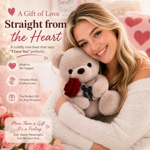 Miniatura 2 de Oso de peluche de San Valentín con rosa, lindo oso de peluche para tu ser querido, novia, cumpleaños, San Valentín, Navidad (9.84 pulgadas, marrón)