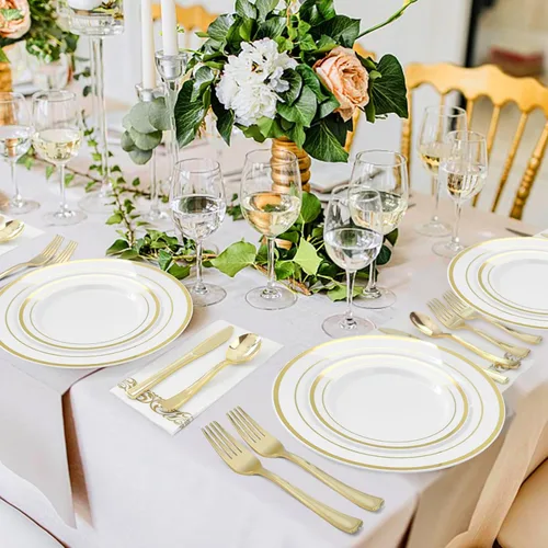 Miniatura 5 de BESTVIP 100 piezas de platos de plástico dorado, platos desechables de postre de 7 pulgadas con borde dorado para fiesta, platos de plástico