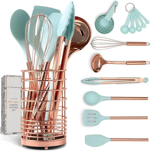 Utensilios de cocina de cobre y azul turquesa, juego de 17 piezas que incluye soporte para utensilios de cobre, tazas medidoras y cucharas, y Verde