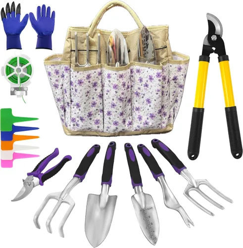 Miniatura 10 de Juego de 41 herramientas de jardinería de alta calidad, kit de herramientas de jardinería de acero inoxidable, con agarre de goma antideslizante