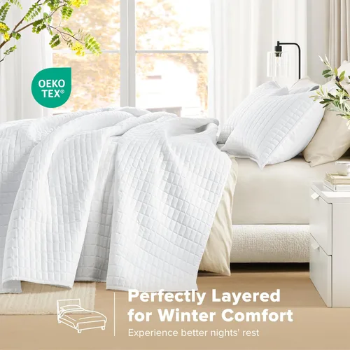 Miniatura 3 de Comfort Spaces Juego de edredón de tamaño King extragrande de color blanco de 120 x 118 pulgadas, colcha acolchada de microfibra ligera de verano