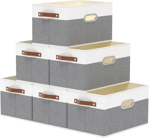 Miniatura 16 de Yawinhe Cestas de almacenamiento de tela, organizador plegable de armario para estantes, cajas grandes con 3 asas, contenedores de lona para ropa