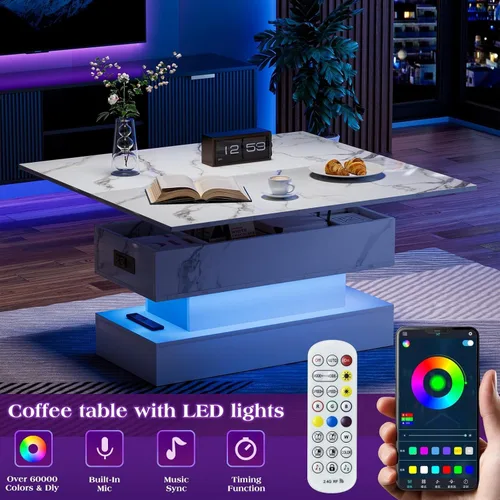Miniatura 3 de SYESWAY - Mesa de centro con tapa elevable de 39.4 pulgadas con estación de carga, mesa central con diseño de mármol brillante con compartimento