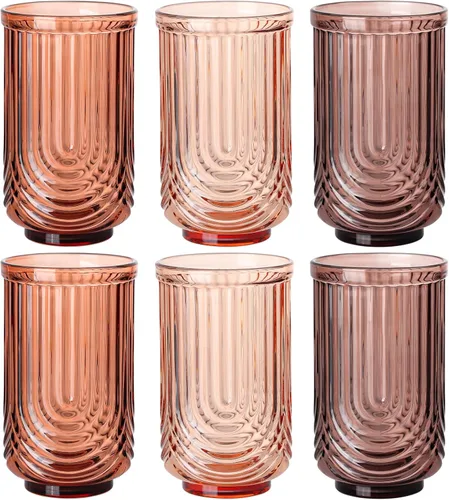 Miniatura 10 de JOVGANK Juego de vasos de bebida vintage rosados de 6 a 14 onzas, vasos de vidrio rosa art déco, vasos de cóctel de whisky, para bar, jugo de café