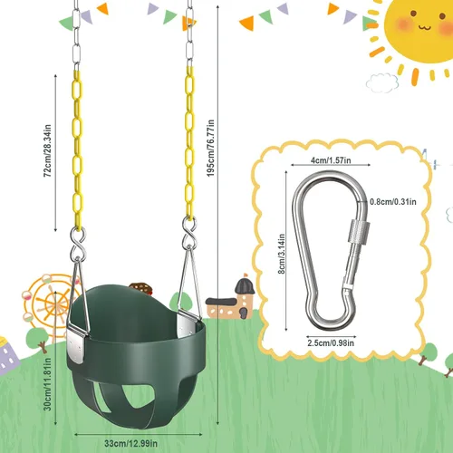 Miniatura 2 de AGPTEK Asiento de columpio de respaldo alto para niños pequeños, columpio infantil con cadenas de columpio y mosquetones recubiertos amarillos, Verde