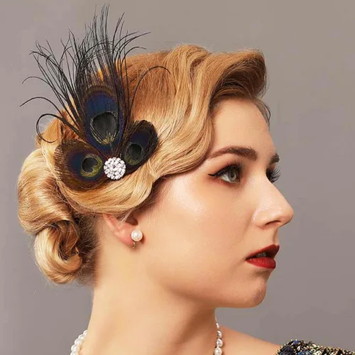 Miniatura 5 de GORTIN Diadema Art Deco con clip de plumas negras de los años 20 con diamantes de imitación de pavo real para mujeres, niñas, fiestas, bailes
