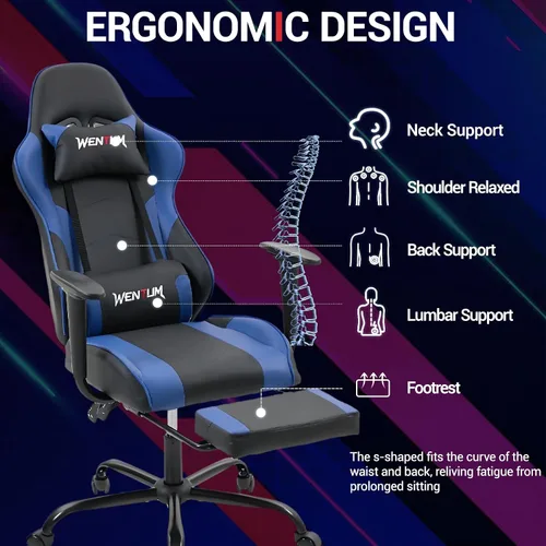 Miniatura 4 de Silla para juegos con reposapiés, silla de escritorio ergonómica para PC con reposacabezas y soporte lumbar de masaje, silla de videojuegos