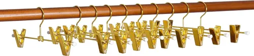 Miniatura 6 de Amber Home Paquete de 10 perchas de metal dorado brillante de 12 pulgadas para pantalones, resistentes para pantalones con 2 clips antideslizantes