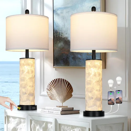 Miniatura 10 de Lámparas de mesa costeras de 28 pulgadas para sala de estar, lámparas de noche con luz nocturna, puertos USB A+C, moderna concha de mar