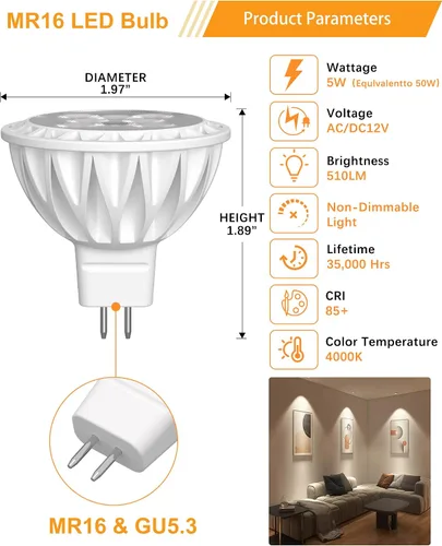 Miniatura 2 de Paquete de 12 Bombillas LED MR16, Bombillas de Luz de Paisaje Equivalentes a 50 Vatios, 4000K Blanco Neutro 5W GU5.3 MR16 12V Bombilla de Foco