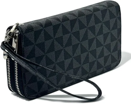 Veki Billetera para mujer con doble cremallera y correa para la muñeca, monedero de cuero para tarjetas de crédito para mujeres y hombres, Negro A,