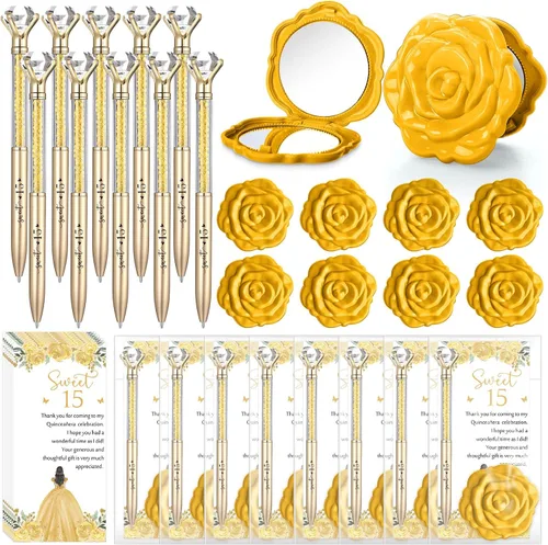 Miniatura 11 de Fuyoooo 25 juegos de bolígrafos de diamantes de quinceañera, recuerdos de fiesta de quinceañera, bolígrafos brillantes con diseño de rosas, espejos