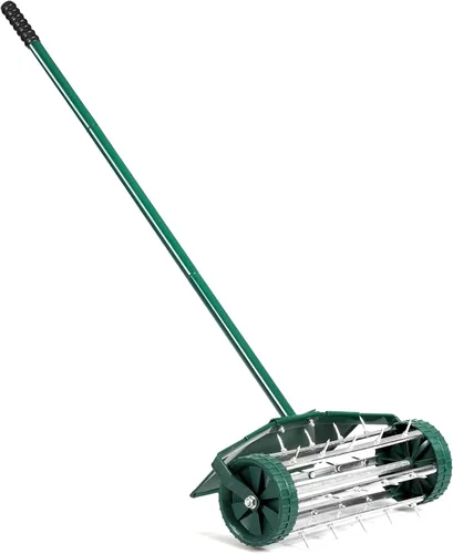HAPPYGRILL Aireador de césped rodante, herramienta de césped de 18 pulgadas con guardabarros, mango antideslizante y picos de púas, aireador manual