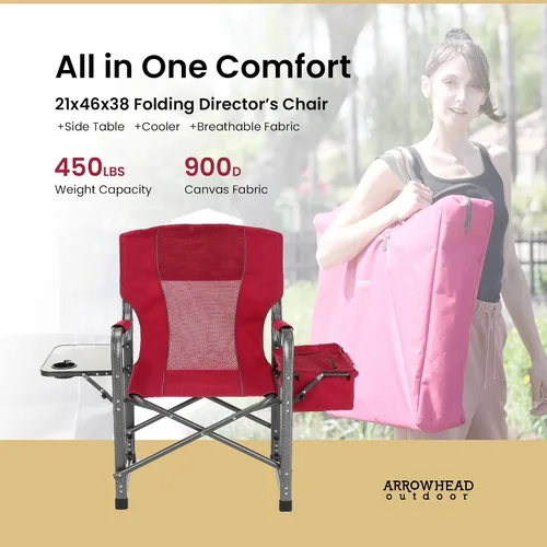 Miniatura 4 de ARROWHEAD OUTDOOR Silla de director plegable con mesa auxiliar y enfriador integrado, soporte para tazas, bolsa de almacenamiento, soporta hasta 450